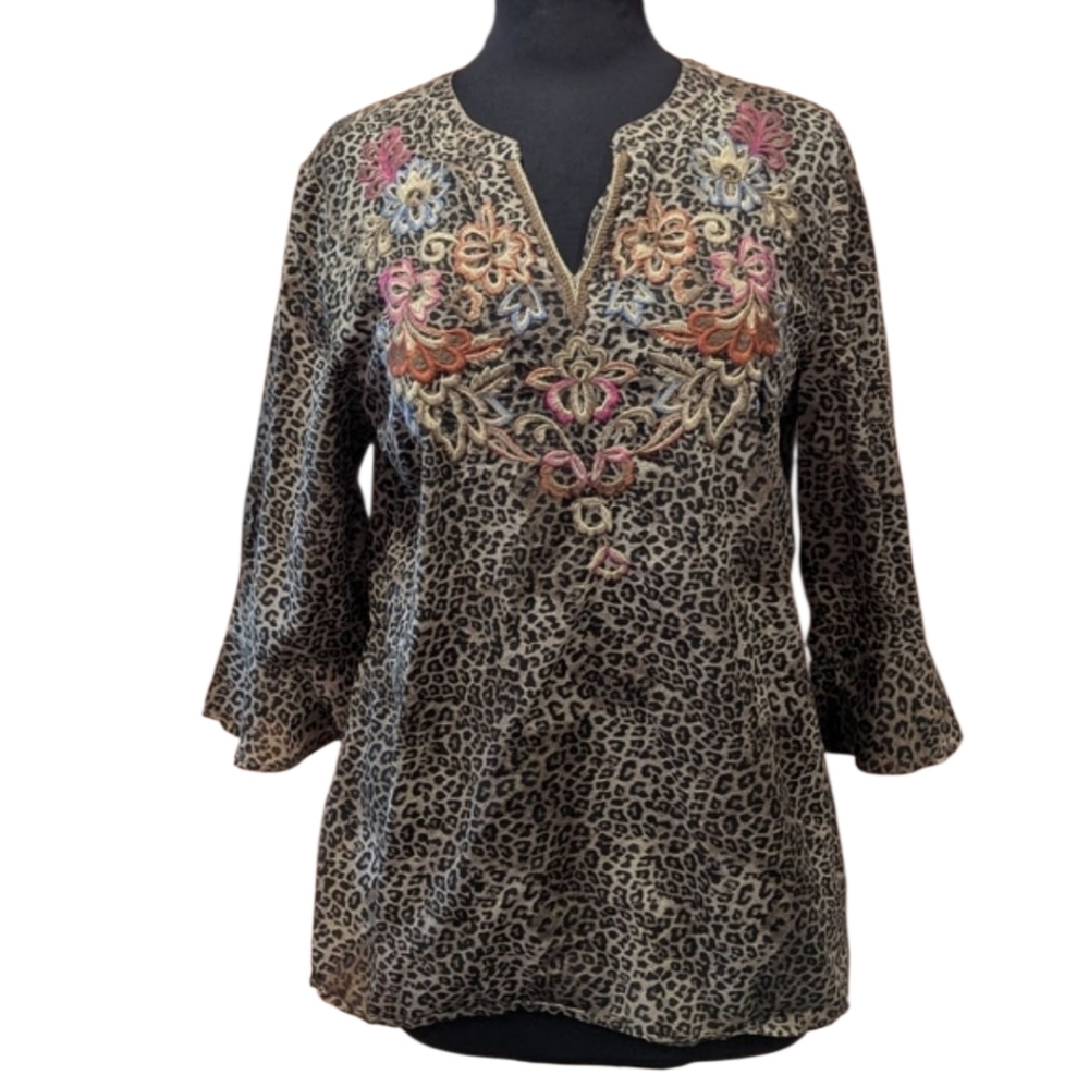Chico's 2 Large Leopard Tunic Boho Chic  Embroidered Luxe Bohemian Top